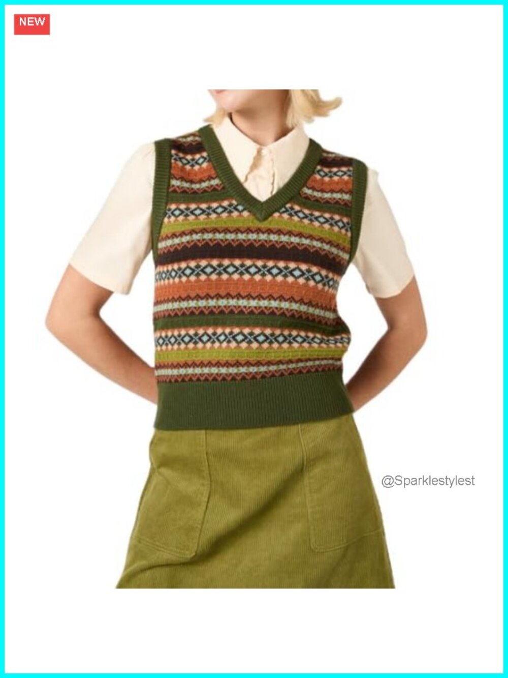 Women's Vintage Knit Crop Sweater Sleeveless V Neck Argyle Plaid Slim Fit